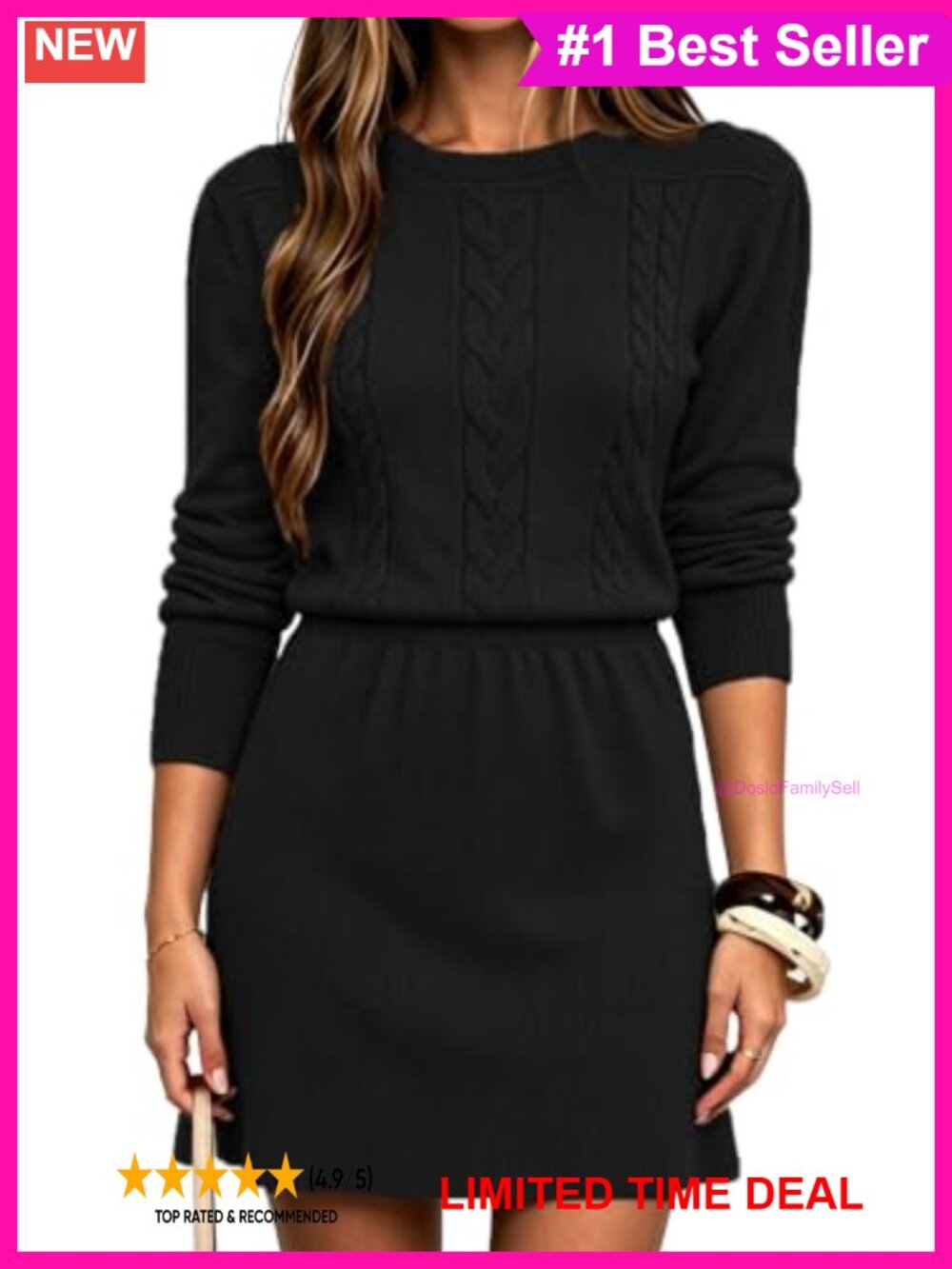 Cable Knit Sweater Dress Long Sleeve A-Line Mini Fall Winter